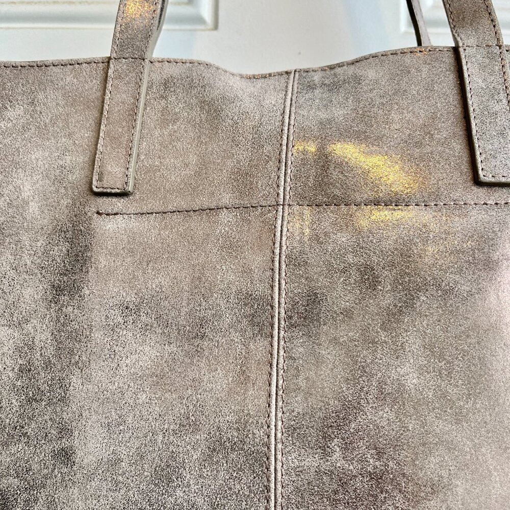 Garnet Hill Leather Tote Functional Pockets Suede Interior Shimmering Gray - Picture 12 of 12